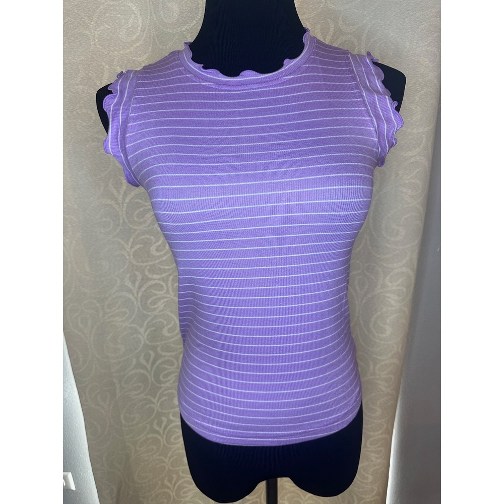Zenana Lavender Ribbed Striped Top Size Ruffle Trim Stretch Fitted Summer Tee-L‎